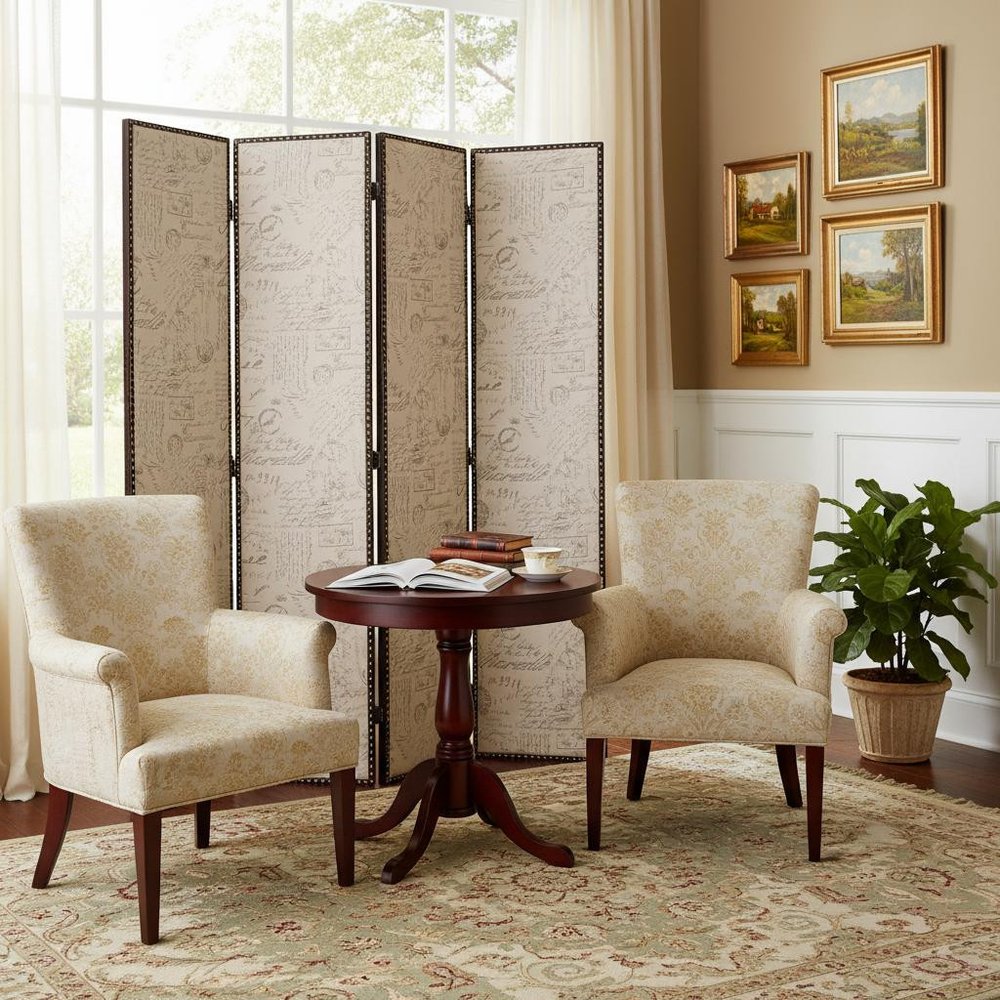 80 X 84 Beige Wood & Fabric Screen