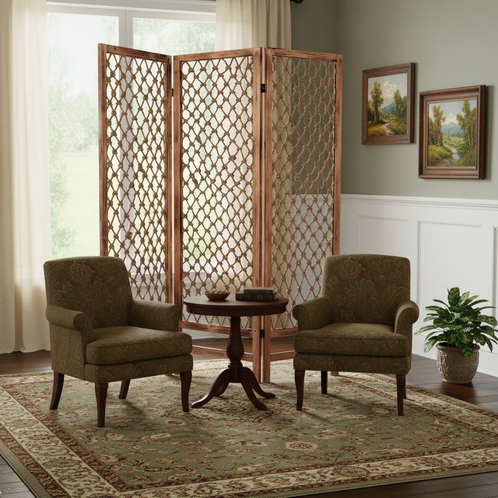 Two olive-green upholstered armchairs flank a round wood table; a lattice room divider stands behind on an ornate rug.