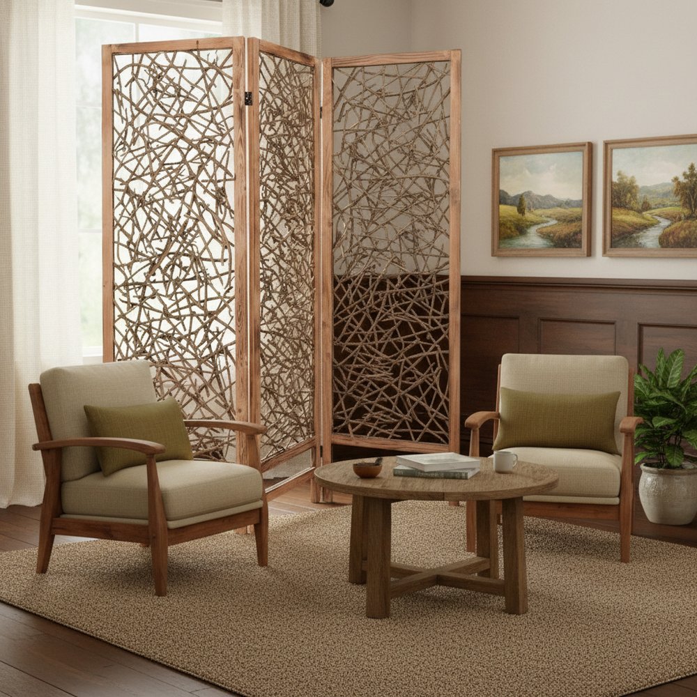 Three-panel wooden lattice room divider set in a cozy living room with mid-century chairs, round coffee table, and beige rug.
