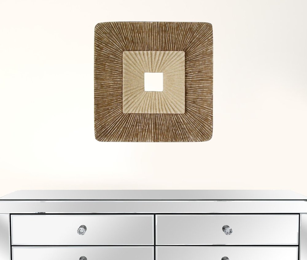 14" X 14" X 2" Brown Concave Square Double Layer Ribbed Wall Plaque Set Of 2