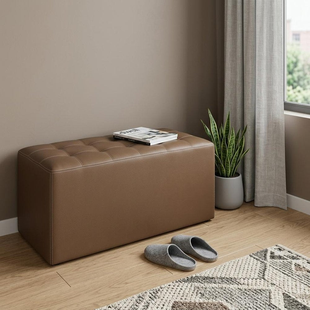 15" Tan Upholstered Faux Leather Bench