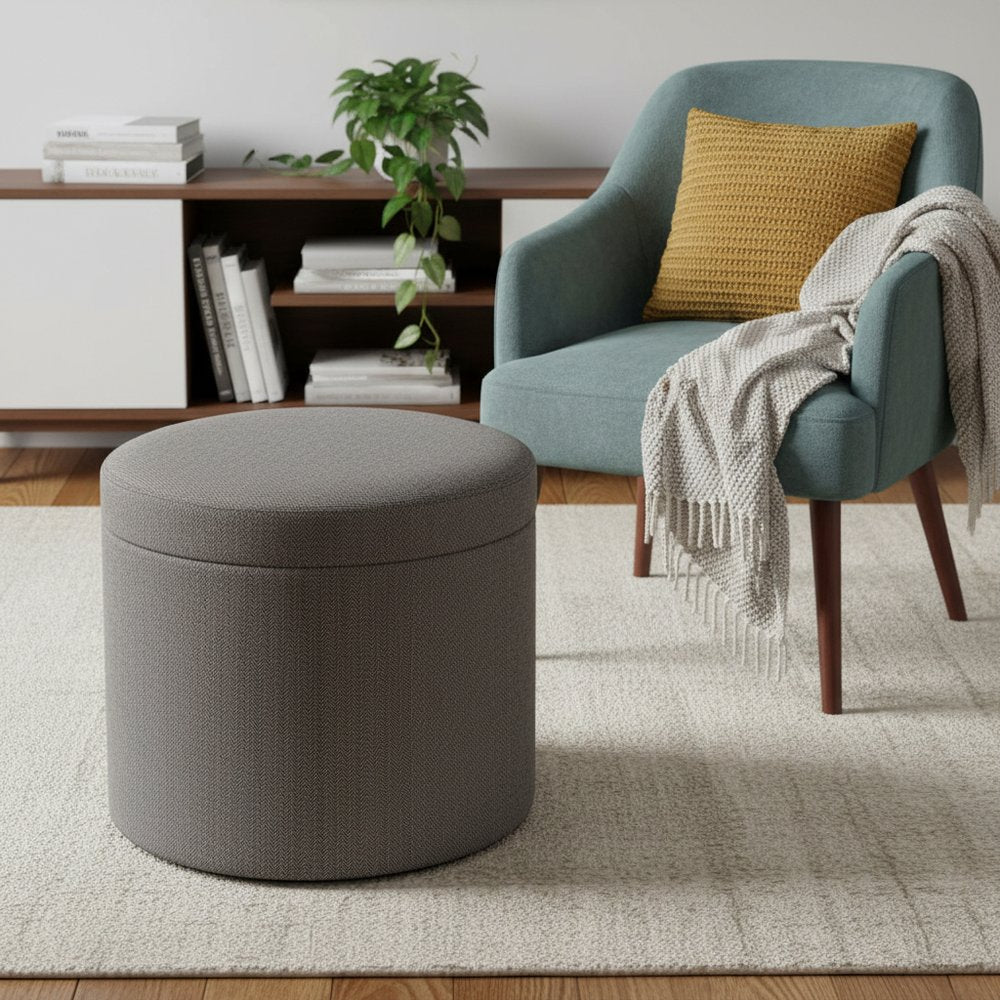 20" Gray Round Storage Ottoman
