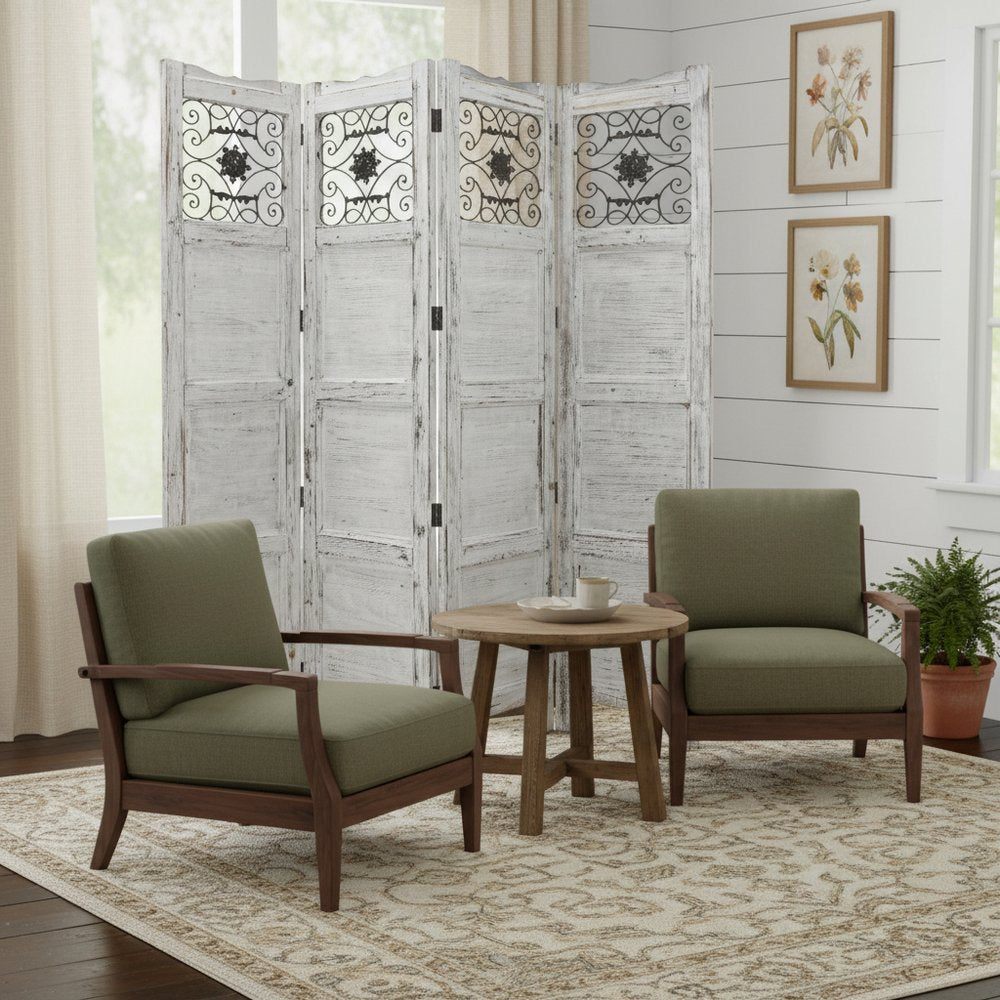 Gray Wash 4 Panel With Scroll Work Room Divider Screen