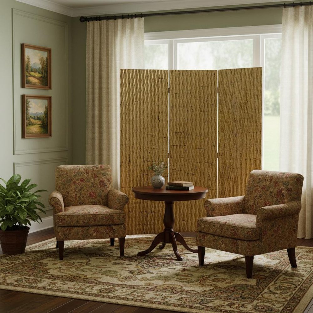 63" X 72" Gold Wood 3 Panel Screen