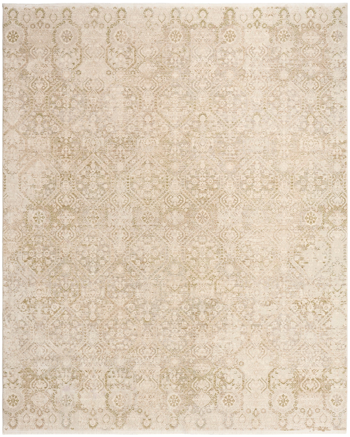 Beige distressed oriental rug with cream and gold muted geometric medallion pattern; rectangular area rug.