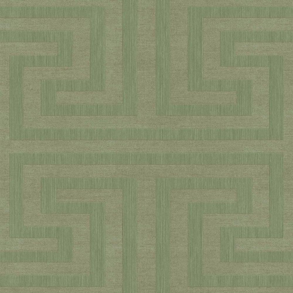 Green and beige Greek-key meander geometric maze wallpaper with interlocking squares pattern.