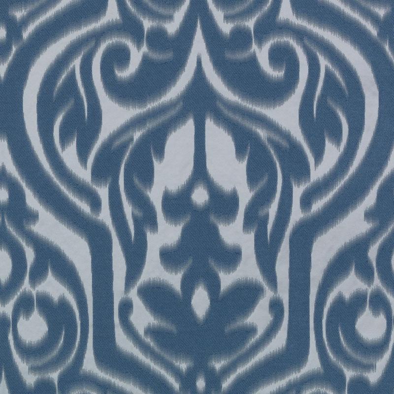 Blue damask-inspired fabric with scrolling floral motif, symmetrical and elegant.