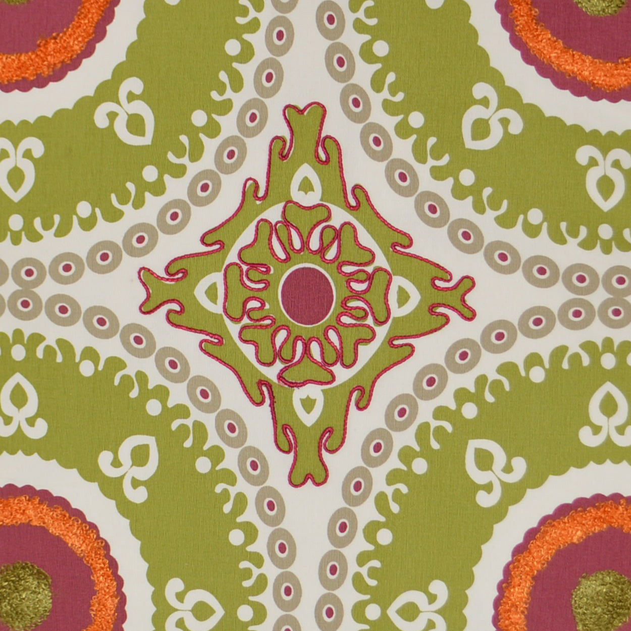 Olive-green fabric with lime-green and pink ornamental medallion pattern; central diamond sun motif and repeating borders.