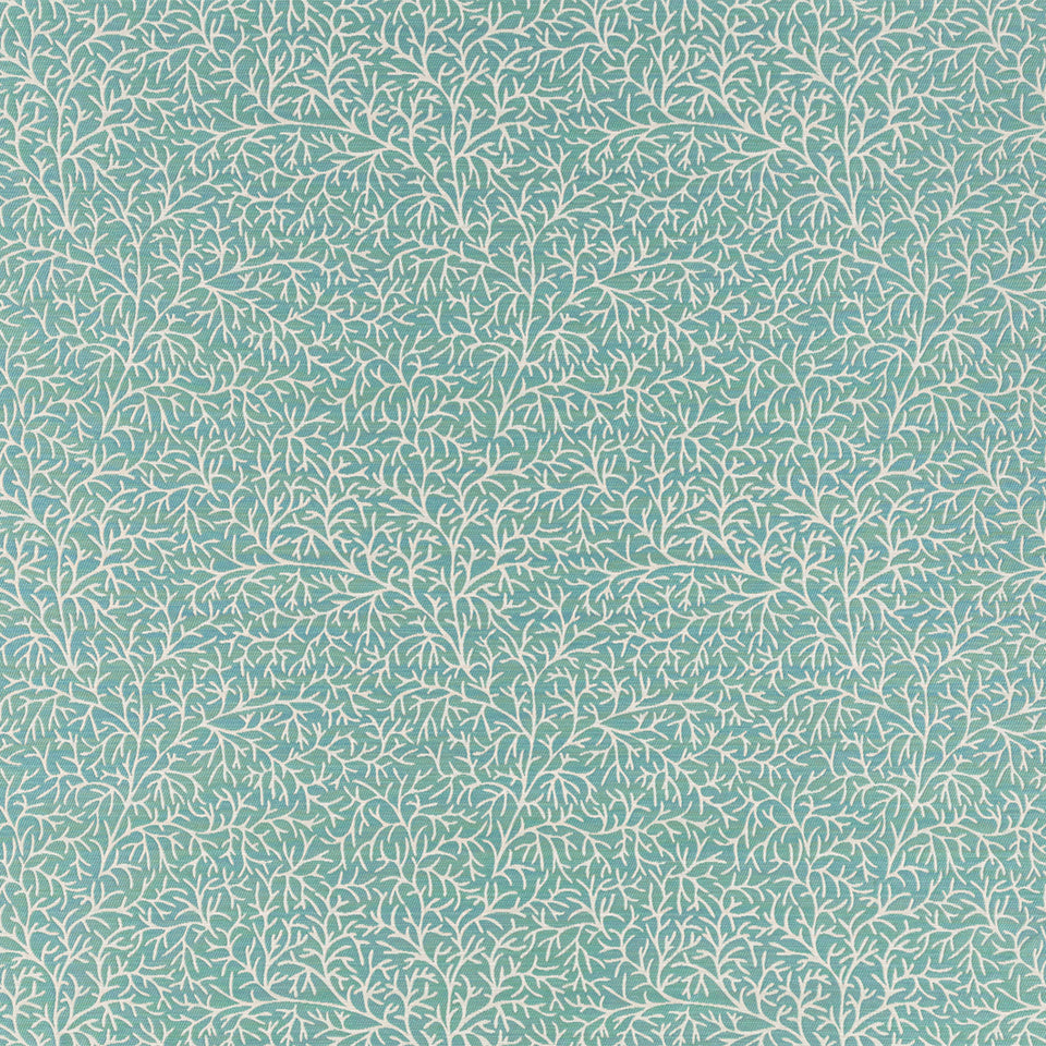Teal fabric with dense cream botanical vine pattern of leafy branches.