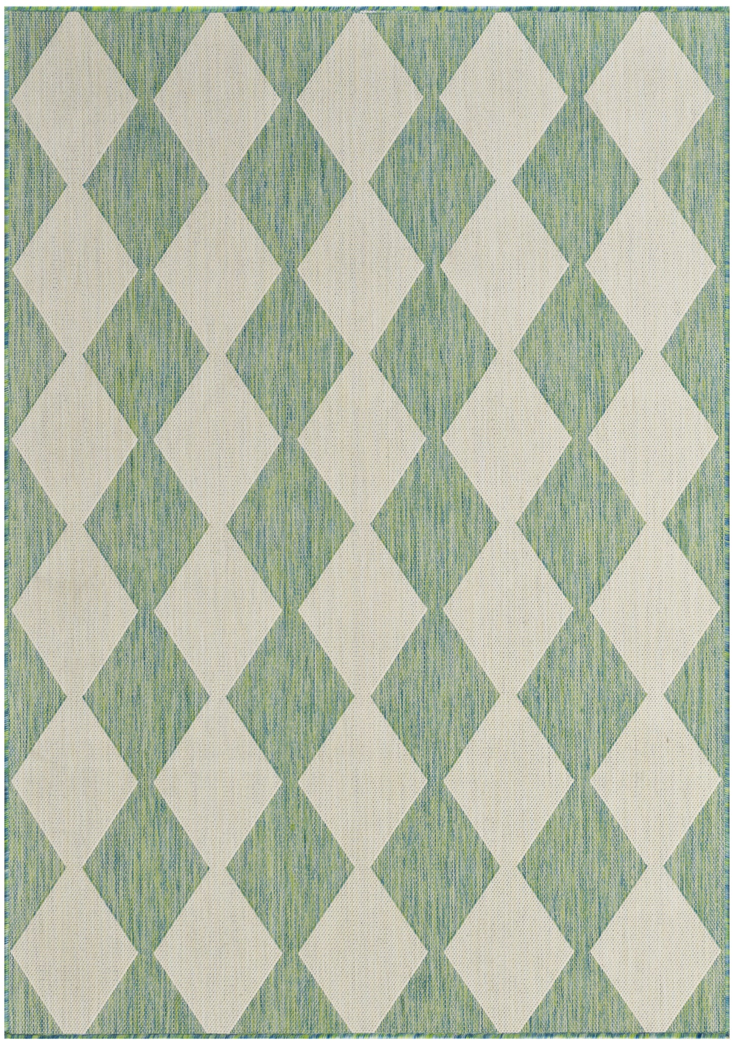 Green woven rug with cream diamond lattice pattern; geometric, modern home decor.