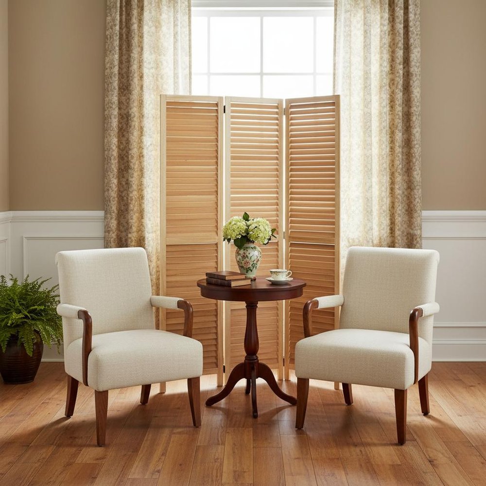 Pair of cream upholstered armchairs with wooden legs flank a round table with a floral vase, before a folding screen.