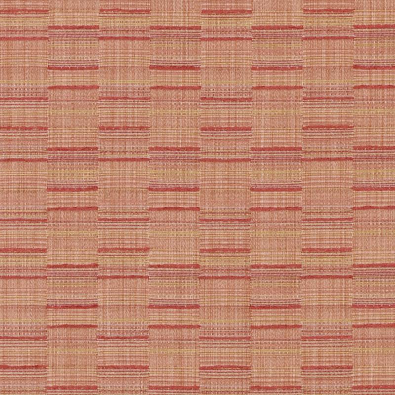 Warm peach woven upholstery fabric with red grid stripes forming a subtle plaid.