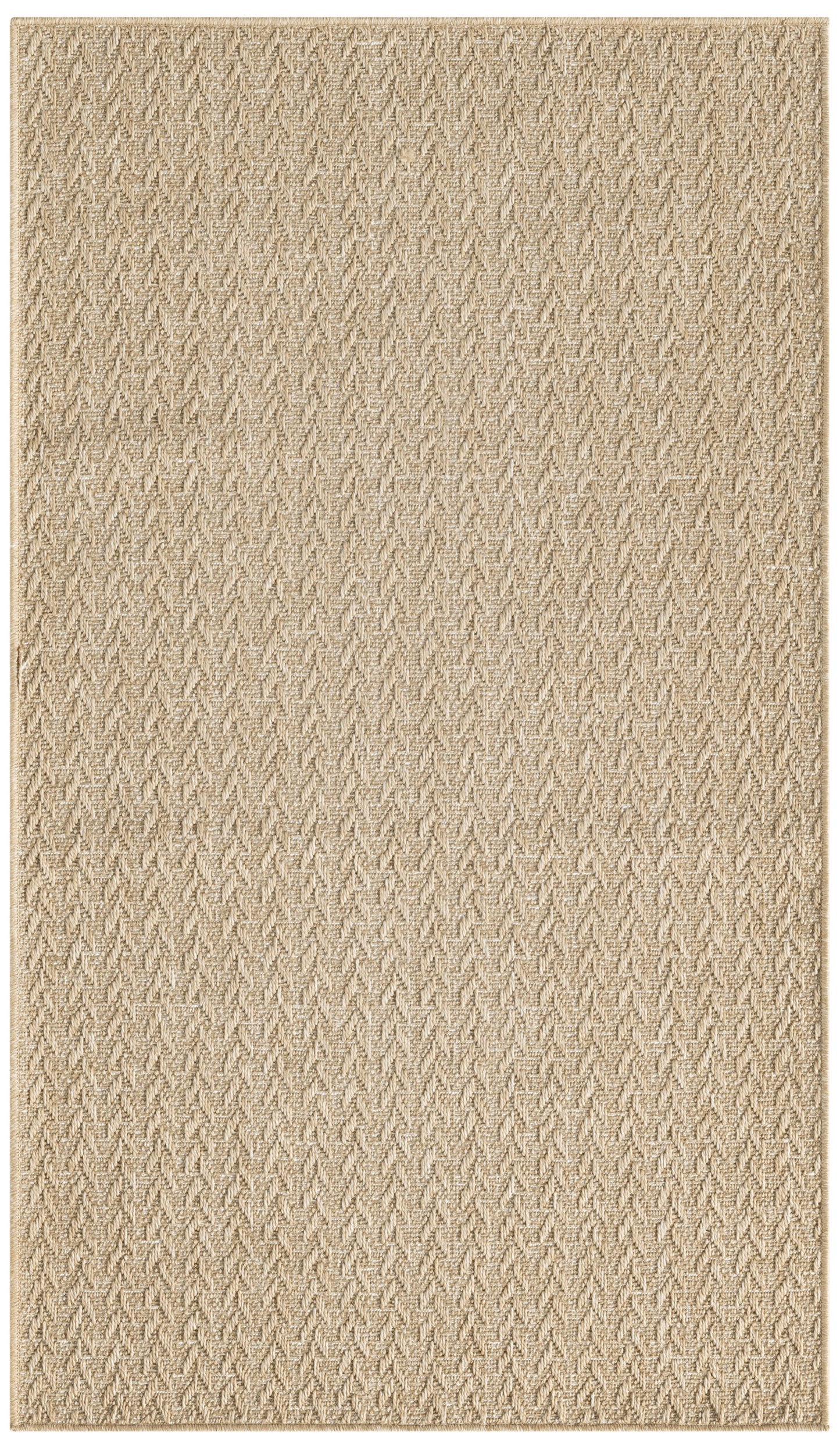 Beige rectangular woven rug with subtle chevron texture; natural fiber look, ideal for living room or hallway.
