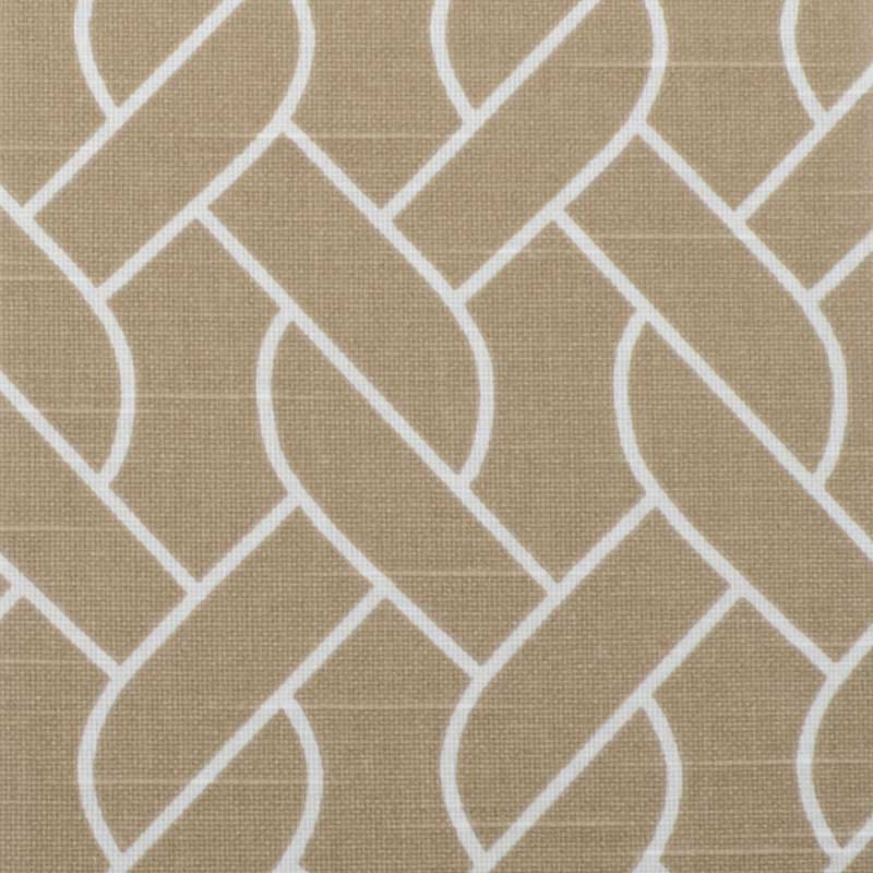 Beige linen-textured fabric with a white interlocking rope motif pattern.