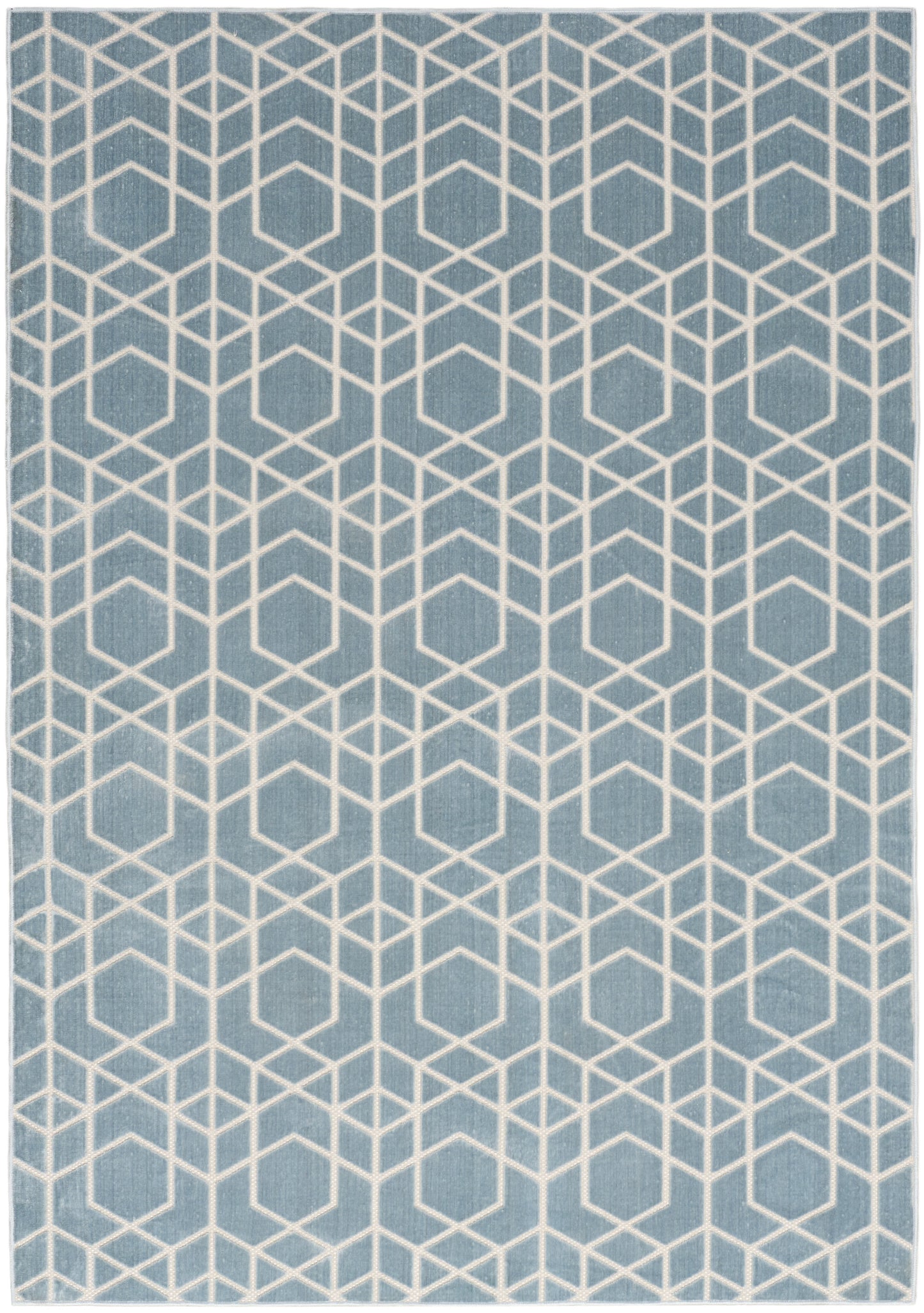 Teal rug with a repeating white geometric cube pattern; modern decorative floor covering.
