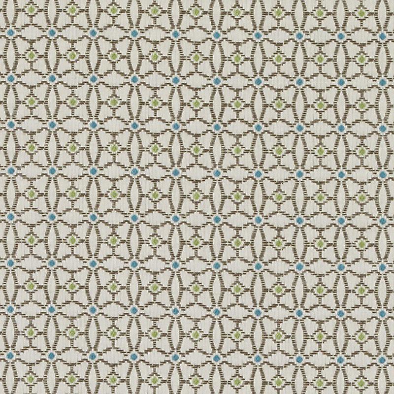 Beige woven fabric with brown interlocking oval lattice, blue dot accents at lattice joints and subtle green leaf motifs.