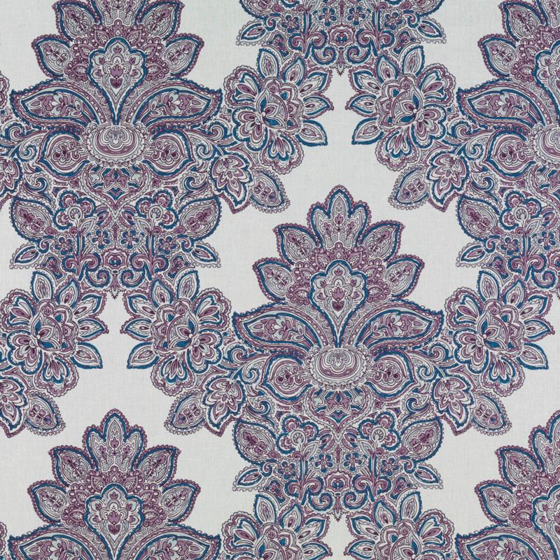 Repeating purple, blue and pink paisley damask floral pattern on a light background; decorative textile fabric.