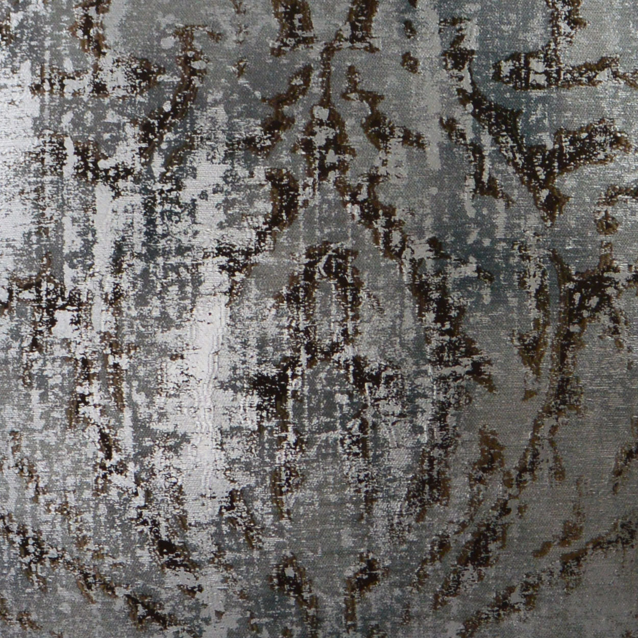 Grey-blue jacquard fabric with abstract bronze-brown pattern and subtle metallic sheen, suitable for upholstery.