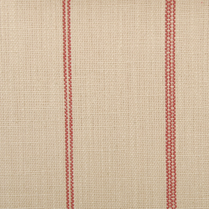 Beige woven upholstery fabric with two red vertical stripes.