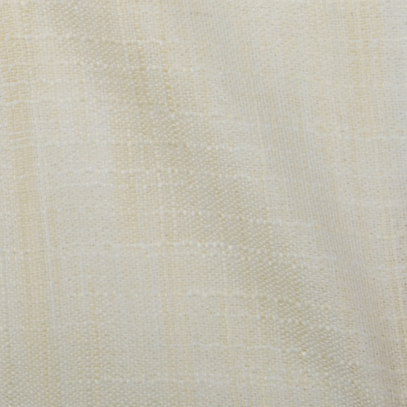 Cream linen-like fabric close-up with woven texture, soft beige textile for upholstery or drapery.