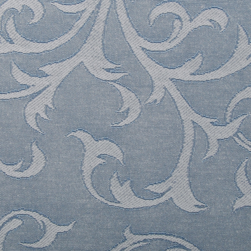 Light blue jacquard fabric with white damask scroll pattern and woven texture.