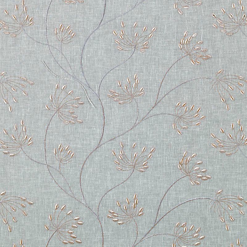 Blue-gray linen fabric with beige embroidered botanical branches and seed clusters.