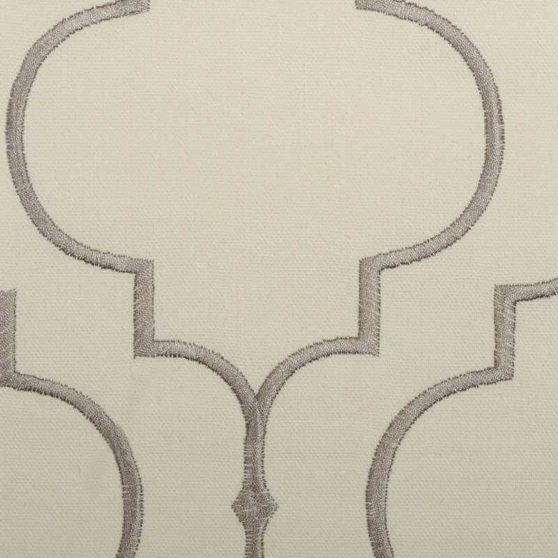 Beige linen-like fabric with a gray quatrefoil trellis pattern; decorative upholstery textile.