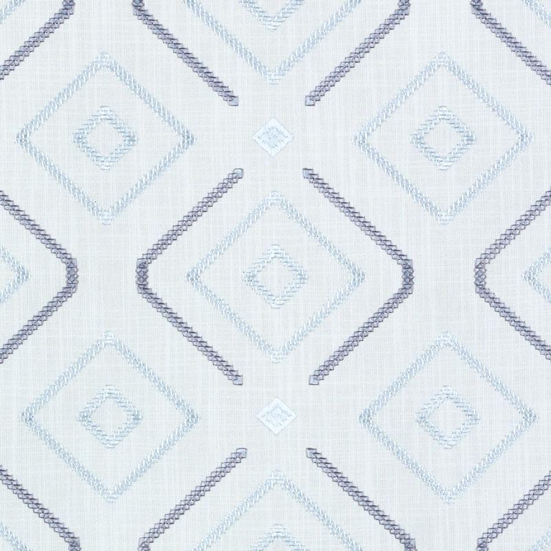 Geometric diamond pattern in light blue and gray on white; stitched texture, upholstery fabric.