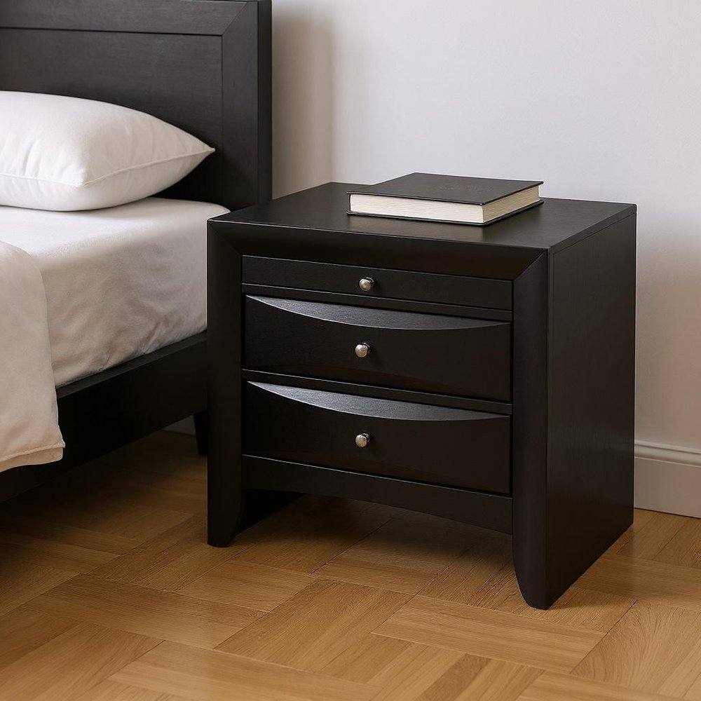 25" Dark Brown Solid Wood Three Drawer Nightstand