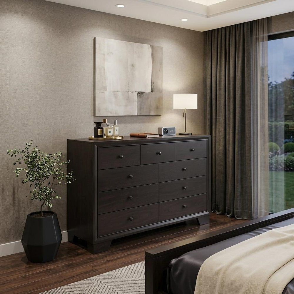 57" Espresso Wood Nine Drawer Double Dresser