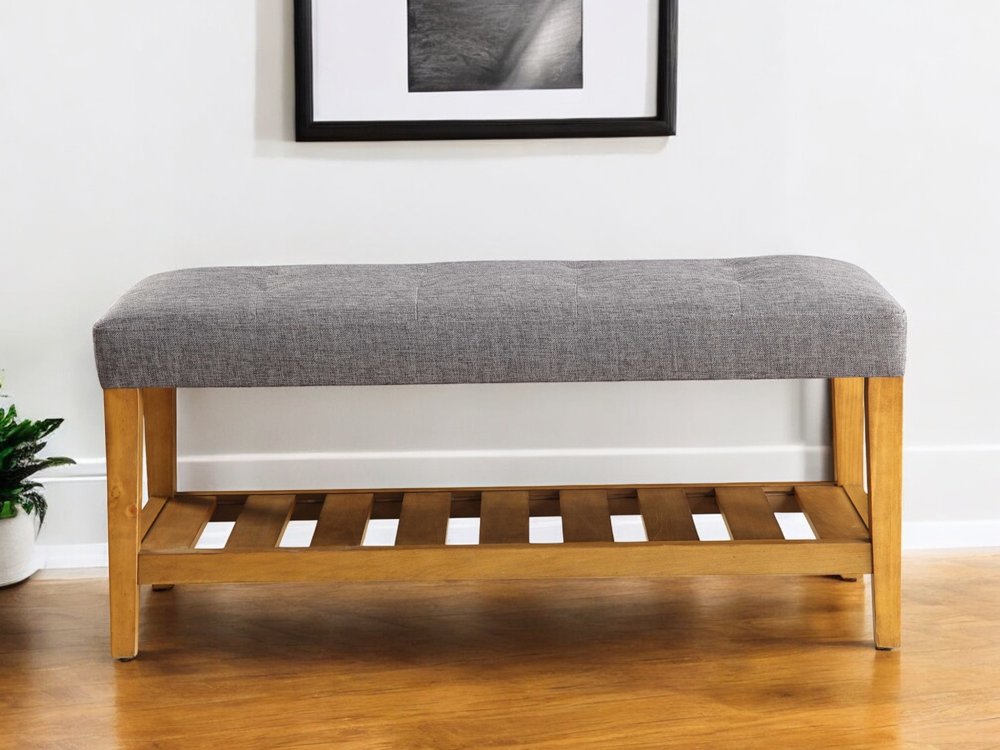40" Beige and Brown Upholstered Polyester Bench with Shelves