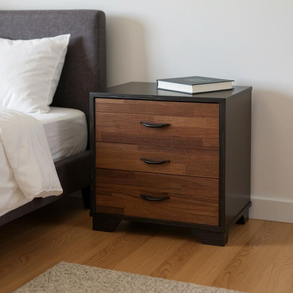 19" Espresso And Walnut Brown Three Drawer Wood Nightstand