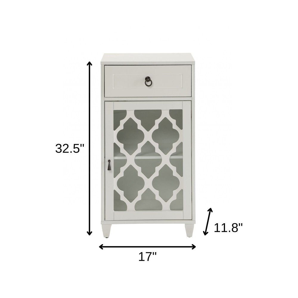 17" White Fret Work Design Glass Door Accent Cabinet