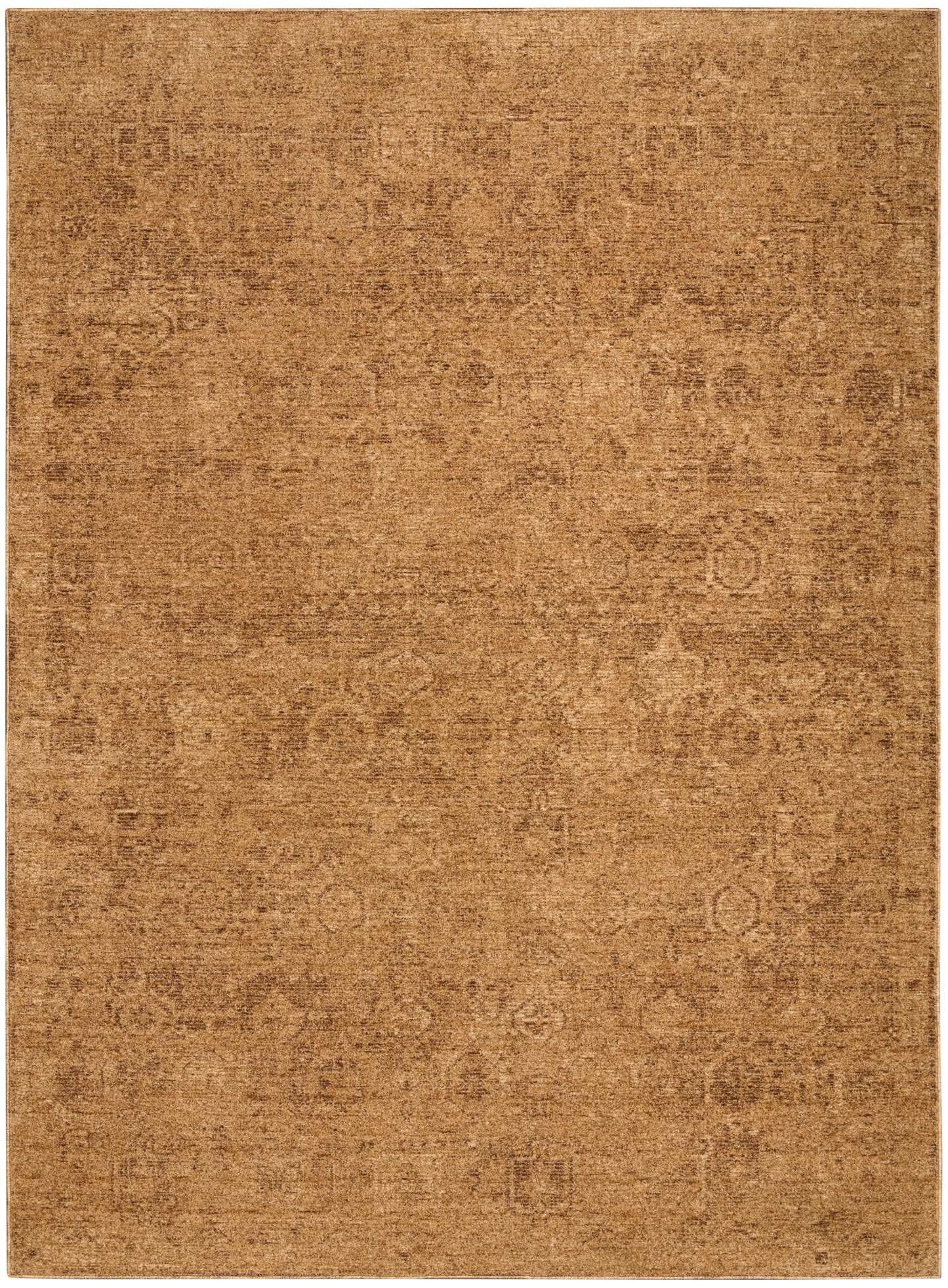 Rectangular brown distressed area rug (4' x 6') with faded antique oriental motifs; warm tan hues.