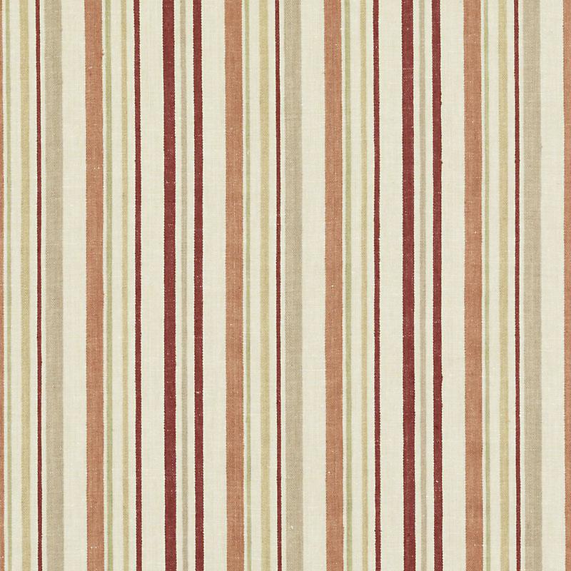 Vertical striped upholstery fabric in beige, cream, tan, olive, and burgundy hues; cozy home decor textile.