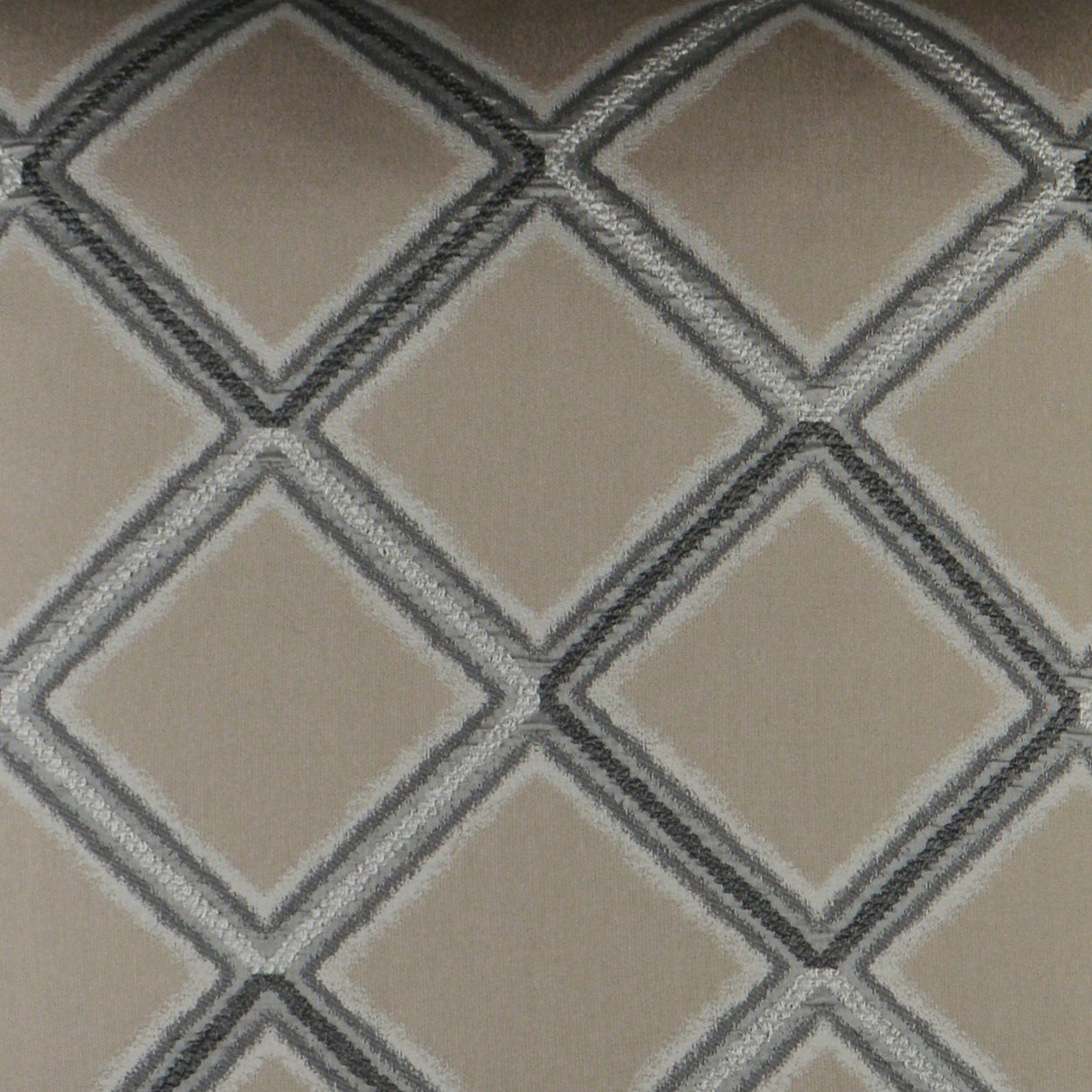 Beige fabric with grey diamond lattice pattern; soft upholstery material for curtains or furniture.