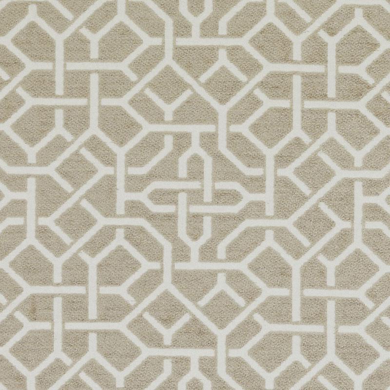 Beige textured upholstery fabric with a white geometric lattice/trellis pattern for modern decor.
