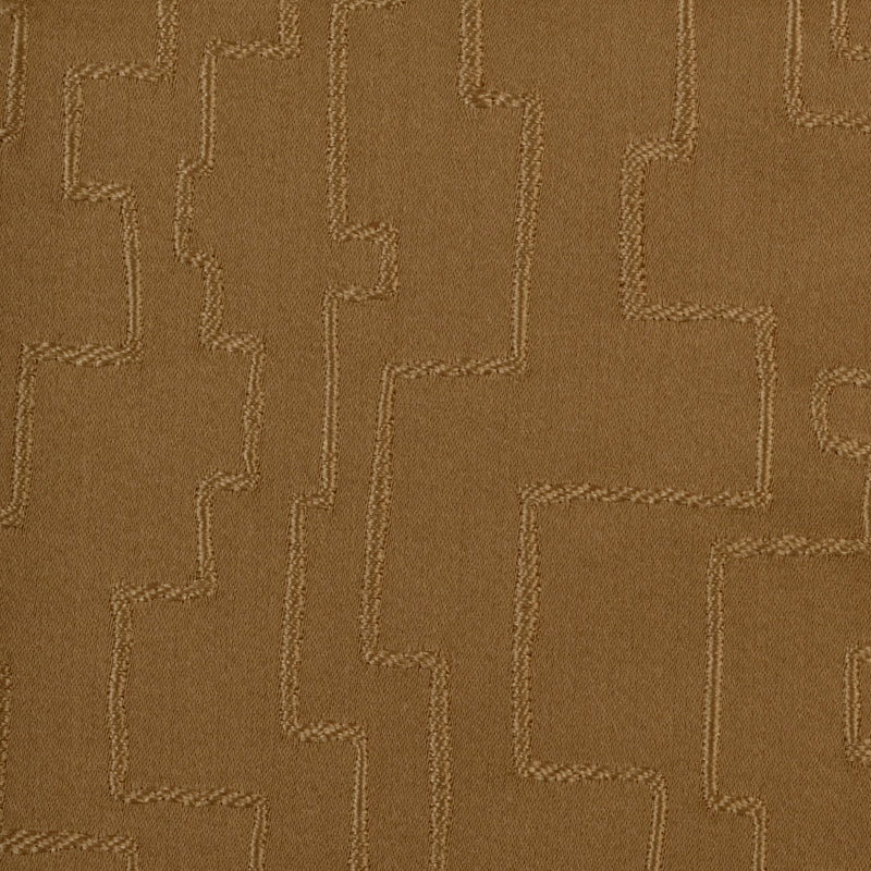 Tan-brown woven fabric with a geometric stepped zigzag stitch pattern; upholstery fabric.