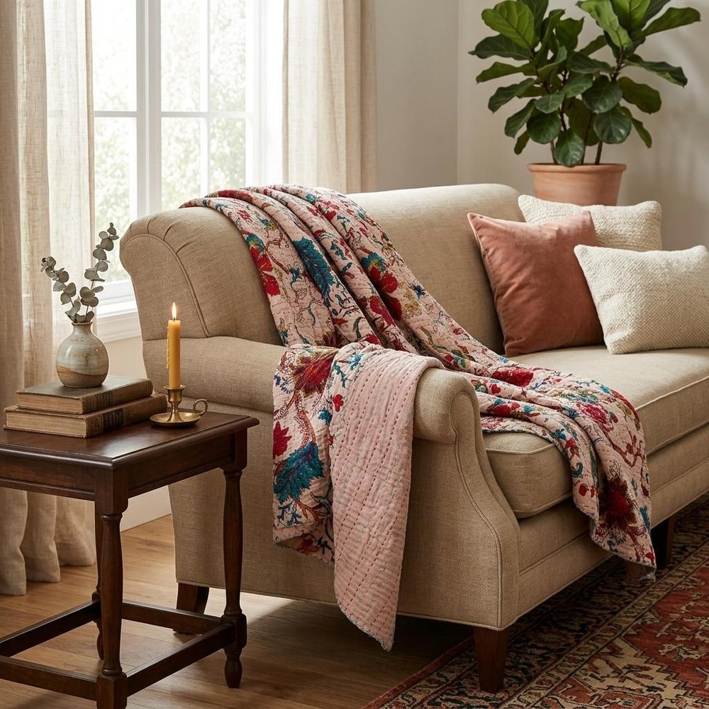 50" X 70" Pink and Red Kantha Cotton Floral Throw Blanket with Embroidery