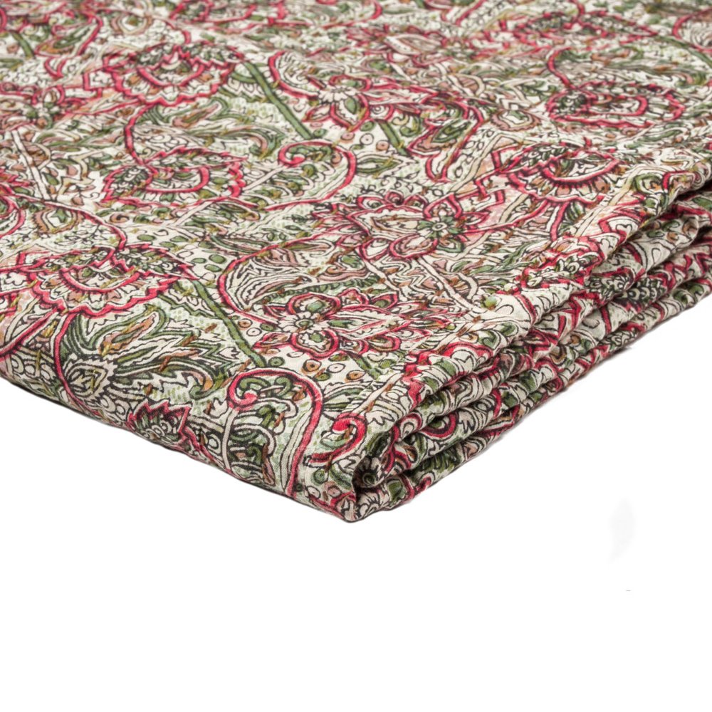 50" X 70" Beige Pink Orange and Green Cotton Kantha Floral Throw Throw Blanket with Embroidery