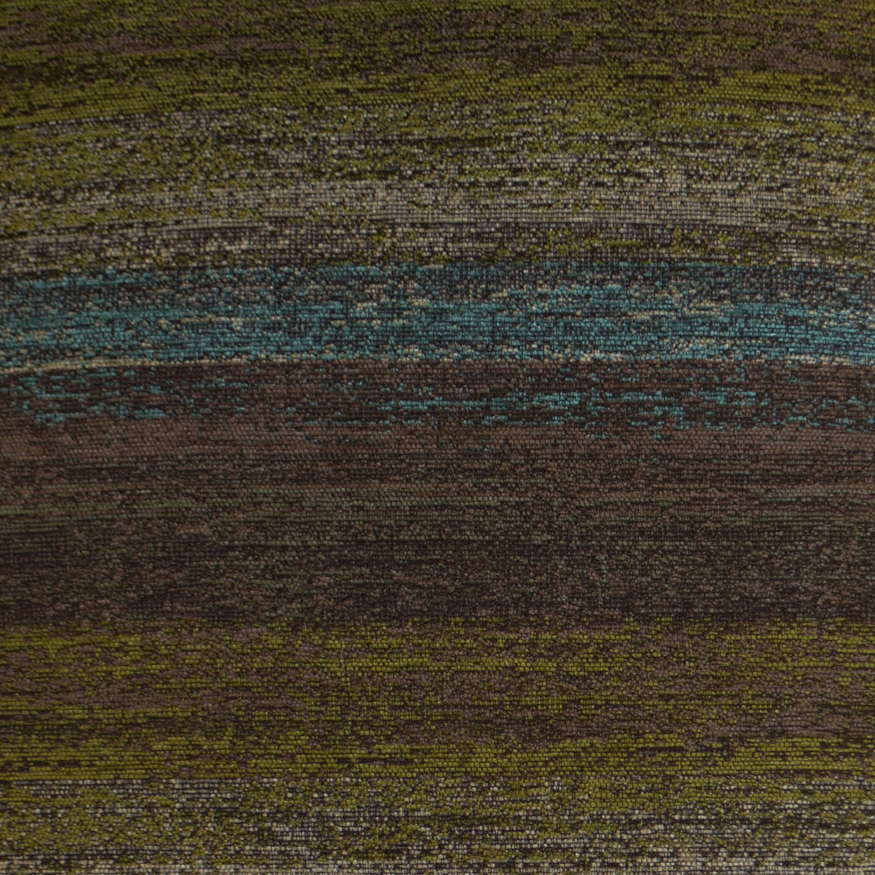 Woven fabric with earthy horizontal stripes in olive, moss, teal and brown; rustic upholstery textile
