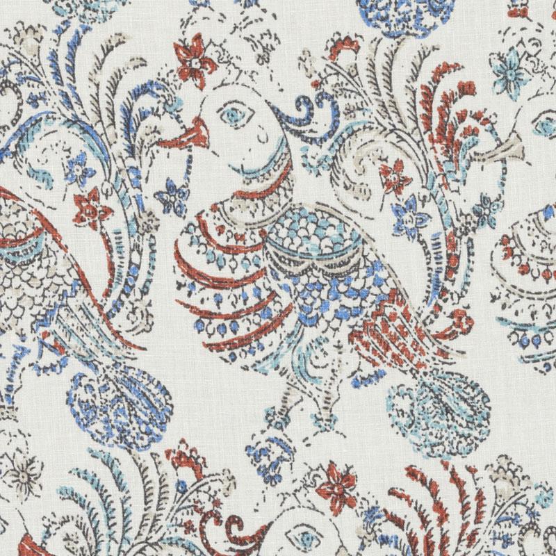White fabric with blue, red and brown paisley-floral peacock motif; decorative textile print.