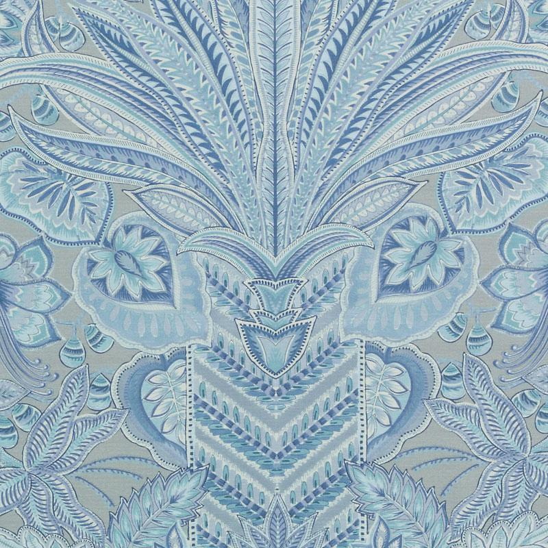 Blue damask-inspired floral pattern with elaborate leaves and symmetrical center motif; ideal for wallpaper or upholstery.