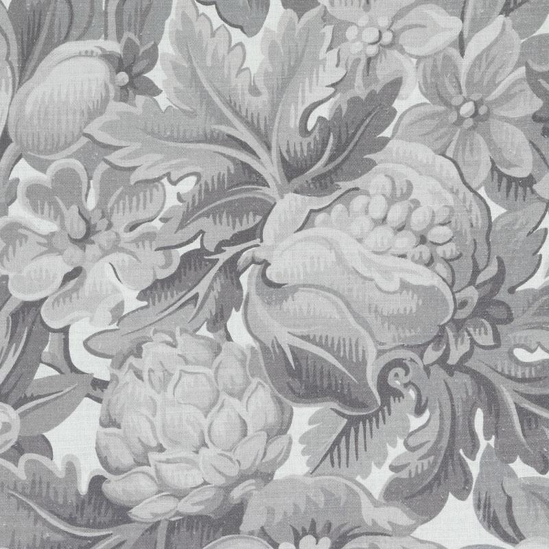 Gray floral damask pattern with large peony-like blossoms and leaves; vintage fabric or wallpaper design.