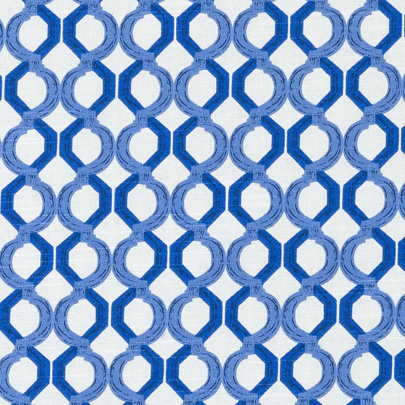 Blue interlocking circular chain motif in light to dark blues, repeating lattice pattern suitable for fabric or wallpaper.