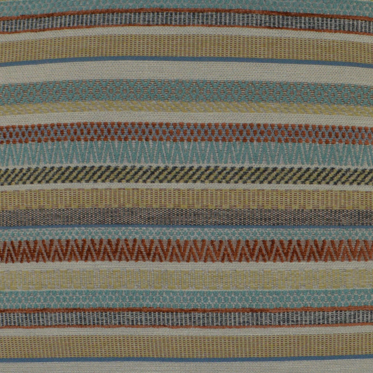 Woven striped fabric in teal, turquoise, beige, mustard, brown and orange with chevron and dotted patterns.