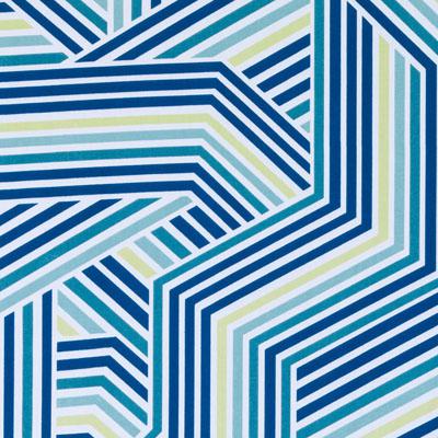 Abstract geometric zigzag stripe print on fabric in navy, blues and pale greens.