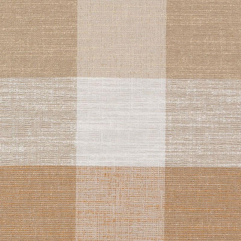 Beige-tan plaid woven fabric with textured grid squares; soft, natural upholstery textile.