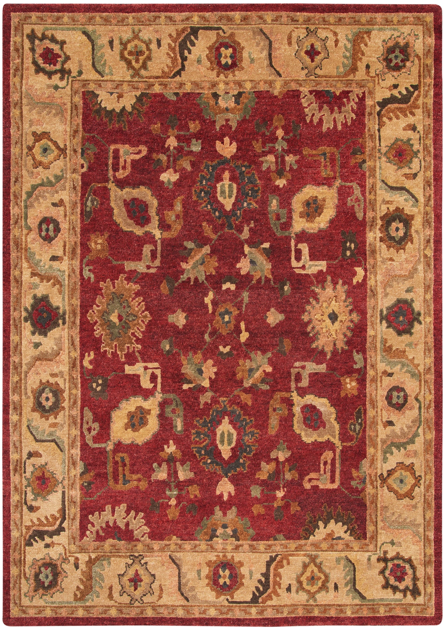 Classic oriental rug with deep red central field and beige floral border in blue, gold, and green.