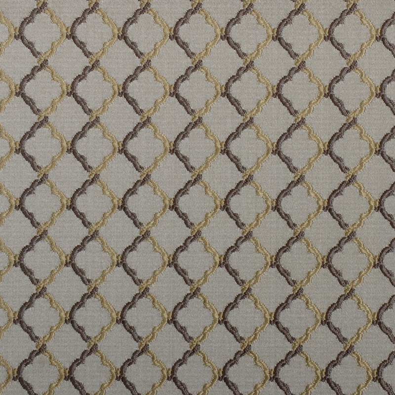 Beige-gold diamond lattice upholstery fabric pattern on gray background with metallic thread.